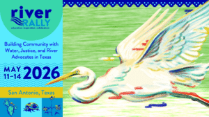 A horizontal graphic about River Rally with an illustration of an egret flying in front of green water.